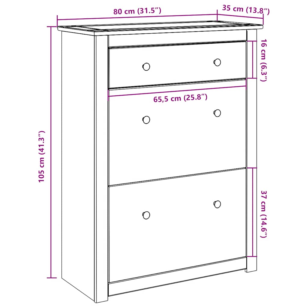 vidaXL Shoe Cabinet PANAMA 80x35x105 cm Solid Wood Pine