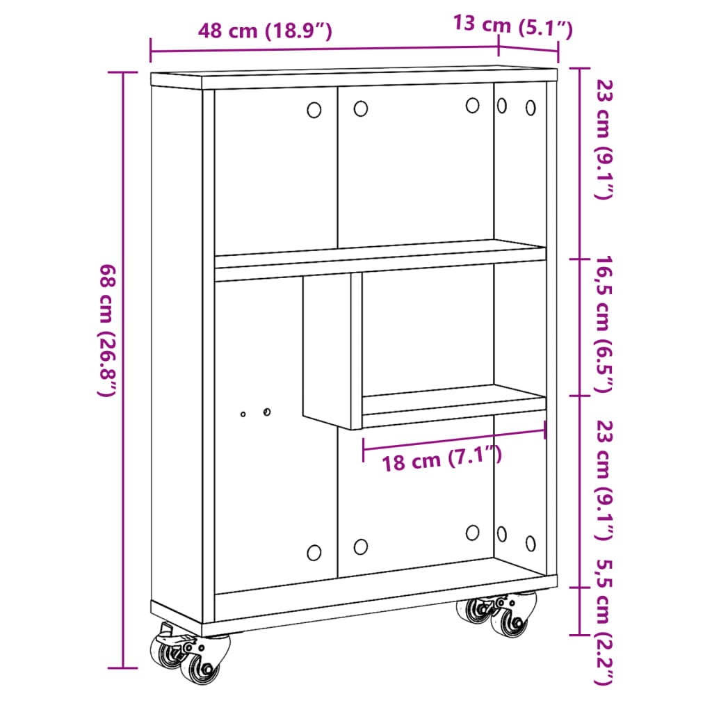 vidaXL Narrow Storage Trolley Sonoma Oak 48x13x68 cm Engineered Wood