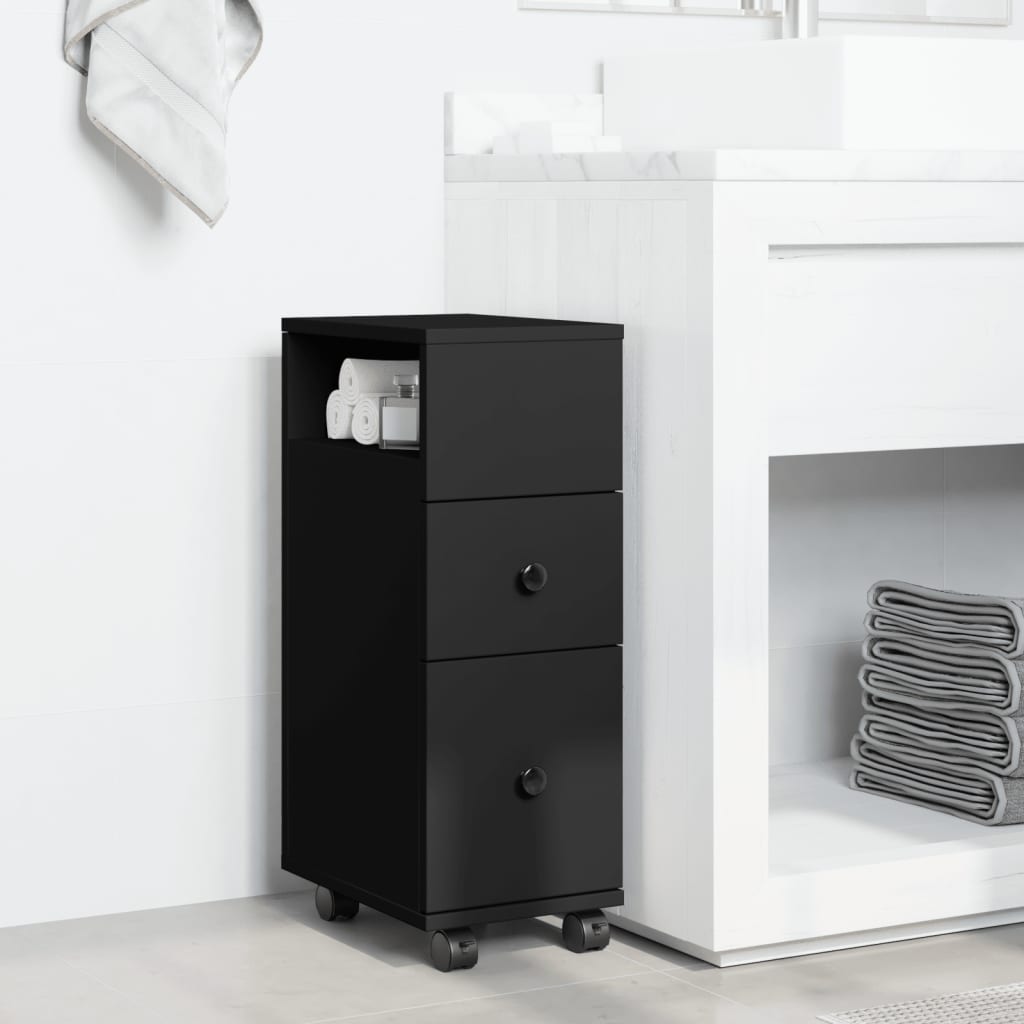 vidaXL Narrow Bathroom Cabinet with Wheels Black Engineered Wood