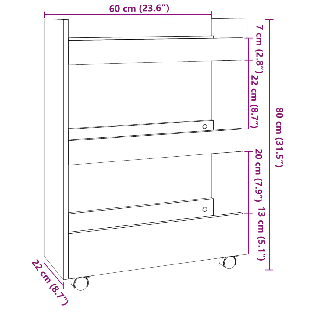 vidaXL Narrow Storage Trolley 3 Tier Black Engineered Wood