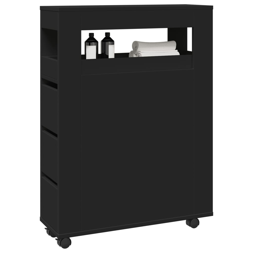 vidaXL Narrow Bathroom Cabinet with Wheels Black Engineered Wood
