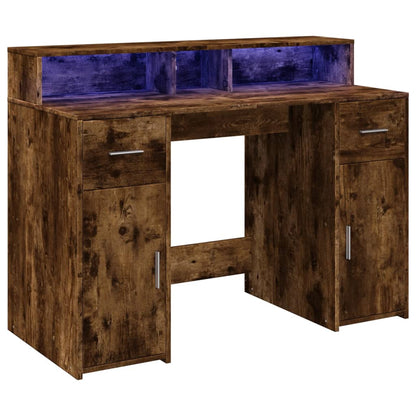 vidaXL Desk with LED Lights Smoked Oak 120x55x91 cm Engineered Wood