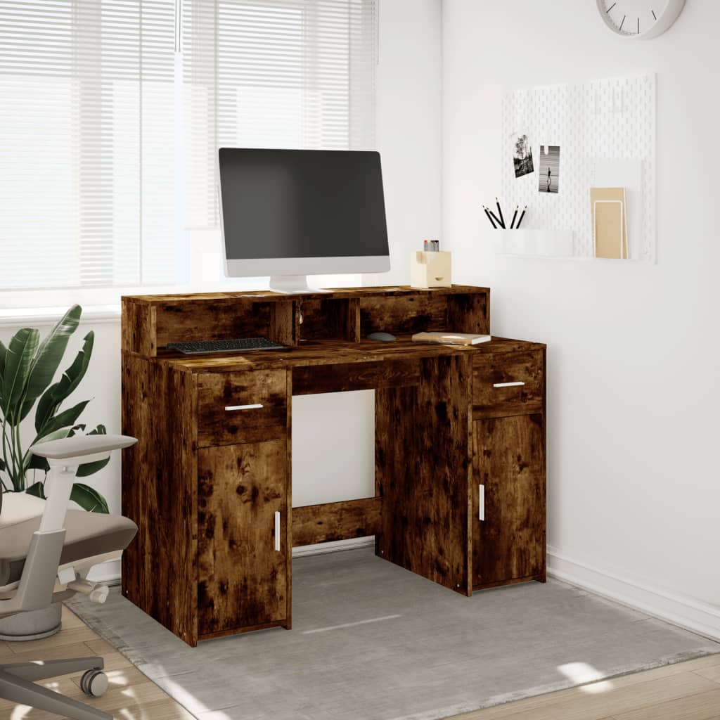 vidaXL Desk with LED Lights Smoked Oak 120x55x91 cm Engineered Wood