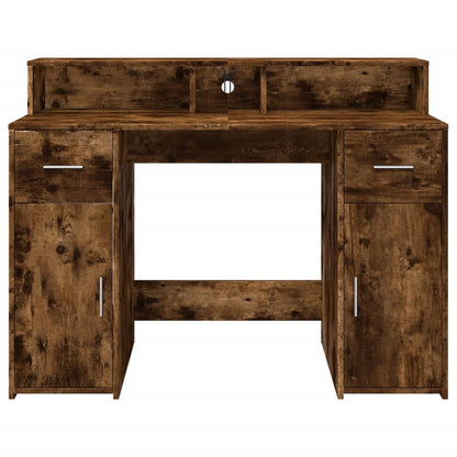vidaXL Desk with LED Lights Smoked Oak 120x55x91 cm Engineered Wood