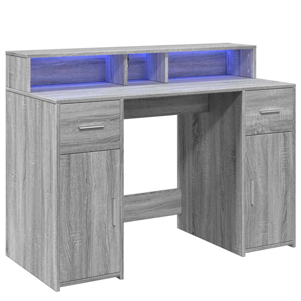 vidaXL Desk with LED Lights Grey Sonoma 120x55x91 cm Engineered Wood