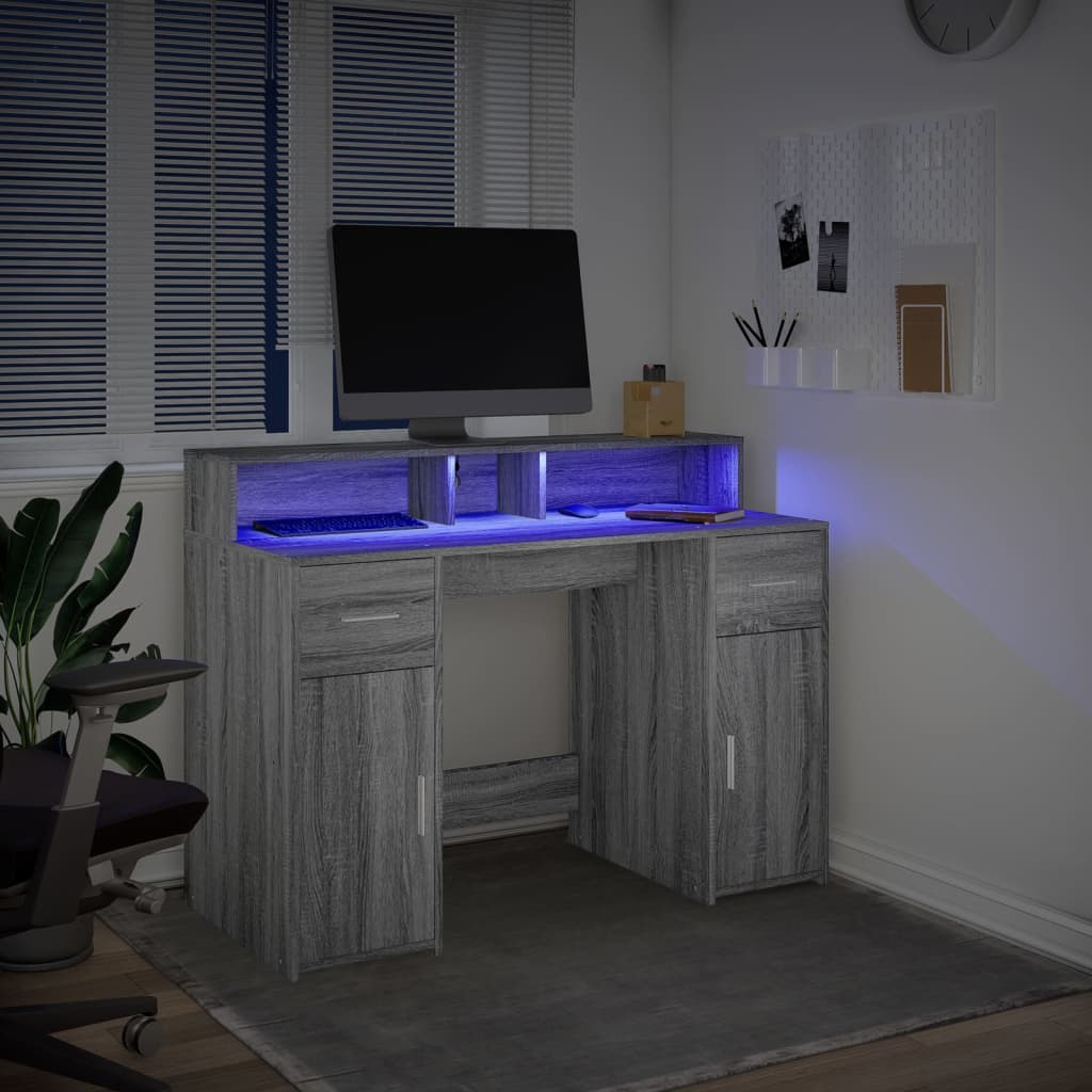 vidaXL Desk with LED Lights Grey Sonoma 120x55x91 cm Engineered Wood
