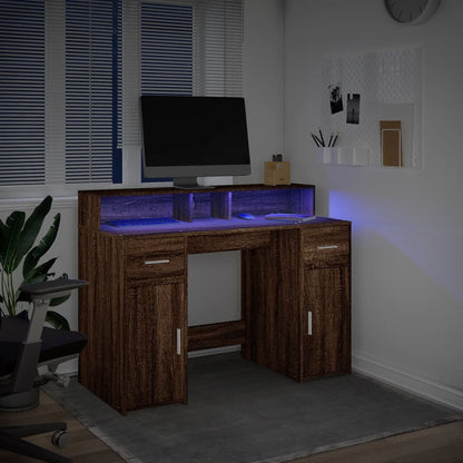 vidaXL Desk with LED Lights Brown Oak 120x55x91 cm Engineered Wood