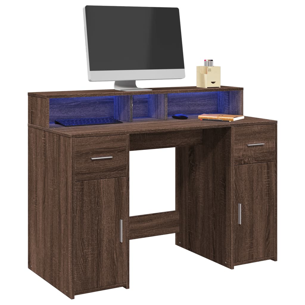 vidaXL Desk with LED Lights Brown Oak 120x55x91 cm Engineered Wood