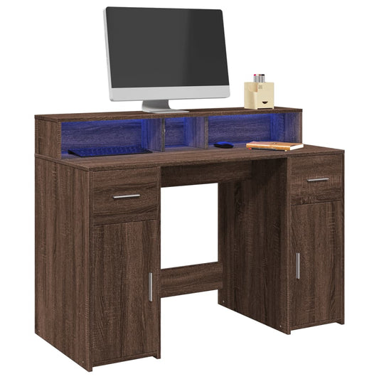vidaXL Desk with LED Lights Brown Oak 120x55x91 cm Engineered Wood