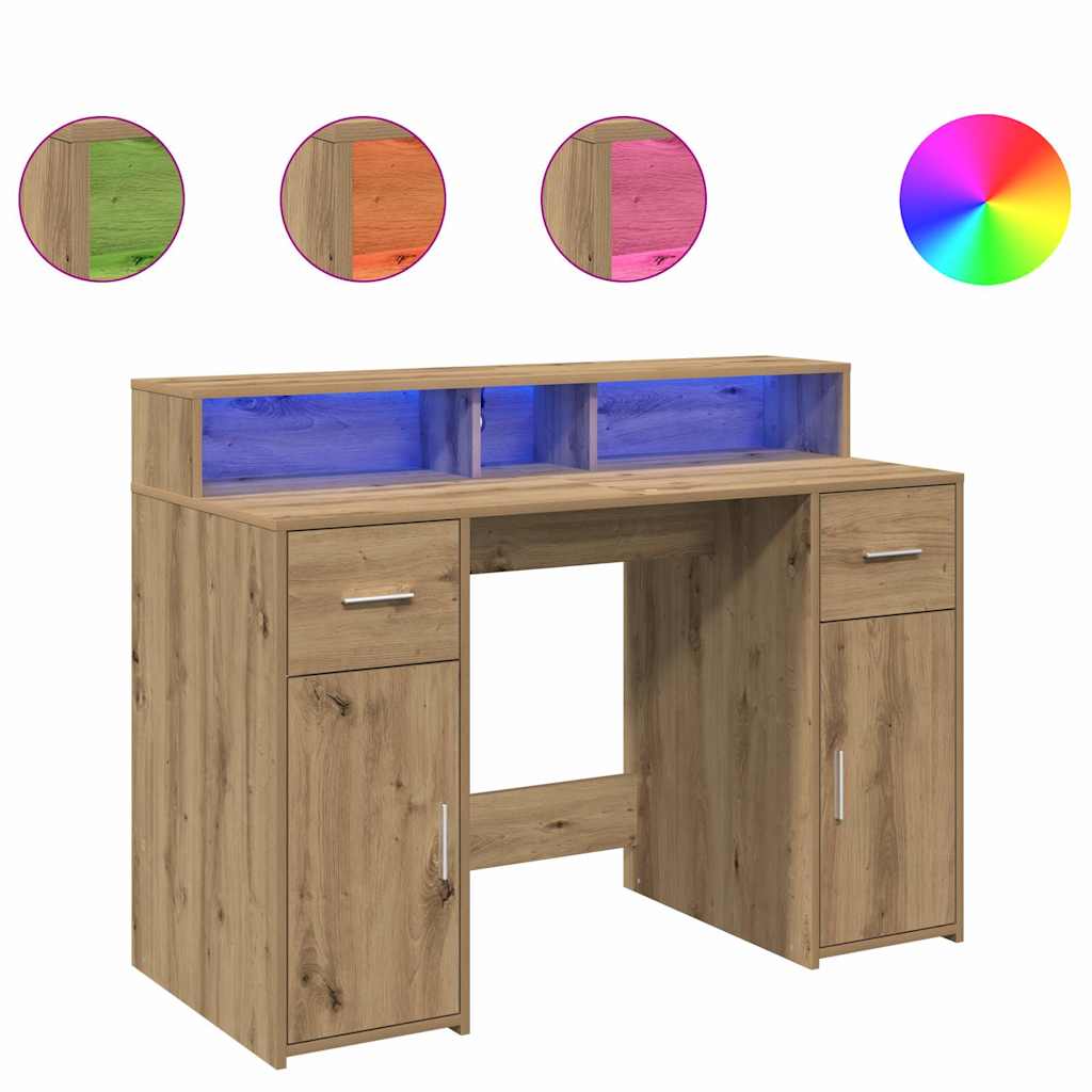 vidaXL Desk with LED Lights Artisian Oak 120x55x91 cm Engineered Wood