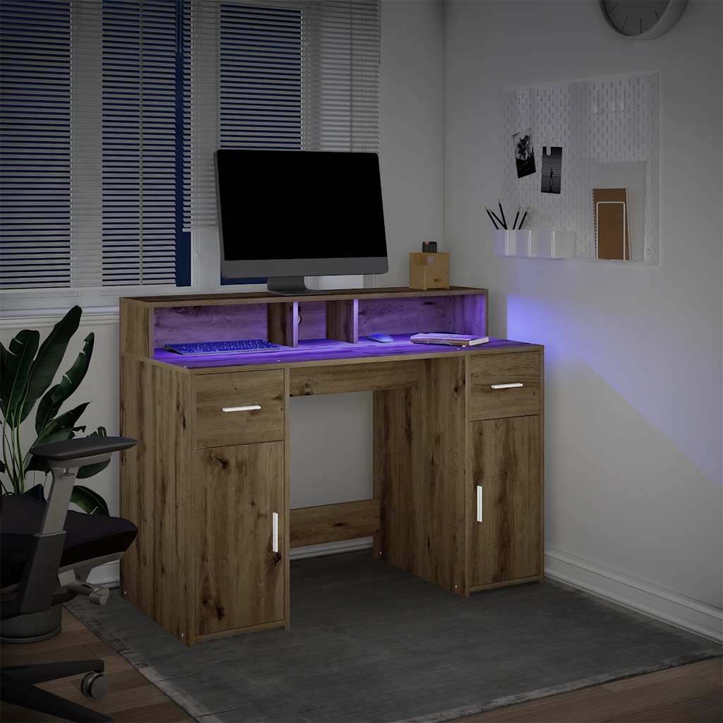 vidaXL Desk with LED Lights Artisian Oak 120x55x91 cm Engineered Wood