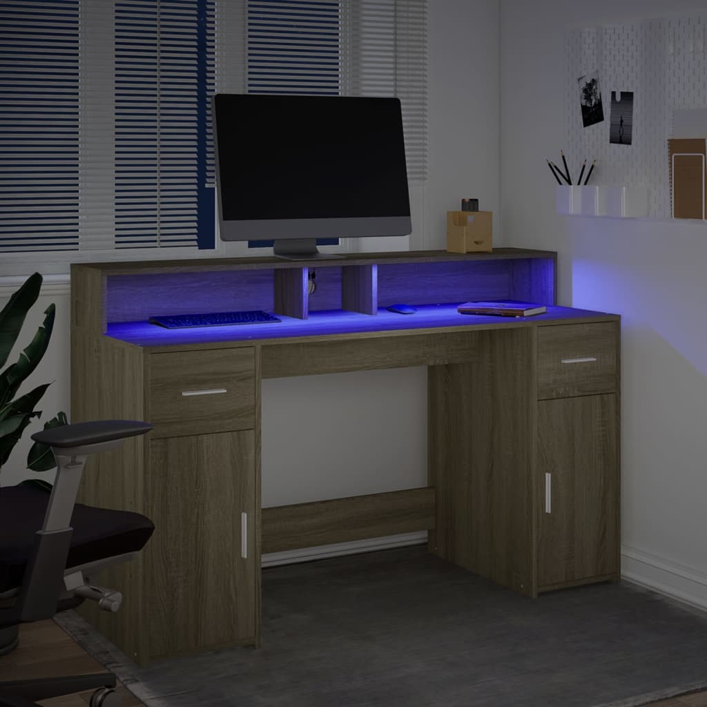 vidaXL Desk with LED Lights Sonoma Oak 140x55x91 cm Engineered Wood