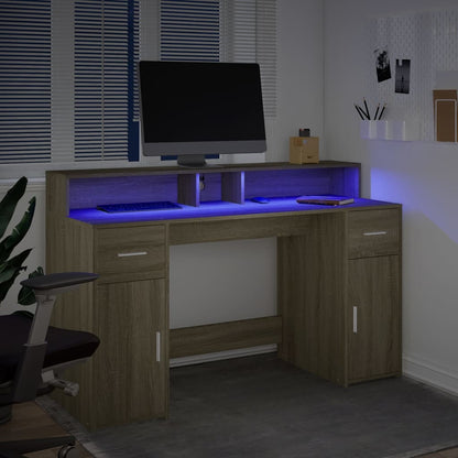 vidaXL Desk with LED Lights Sonoma Oak 140x55x91 cm Engineered Wood