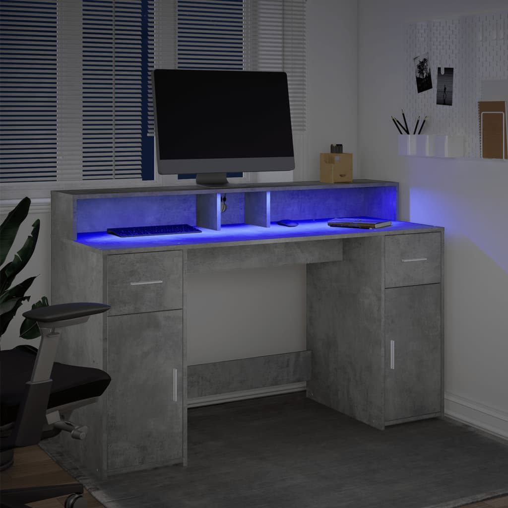 vidaXL Desk with LED Lights Concrete Grey 140x55x91 cm Engineered Wood