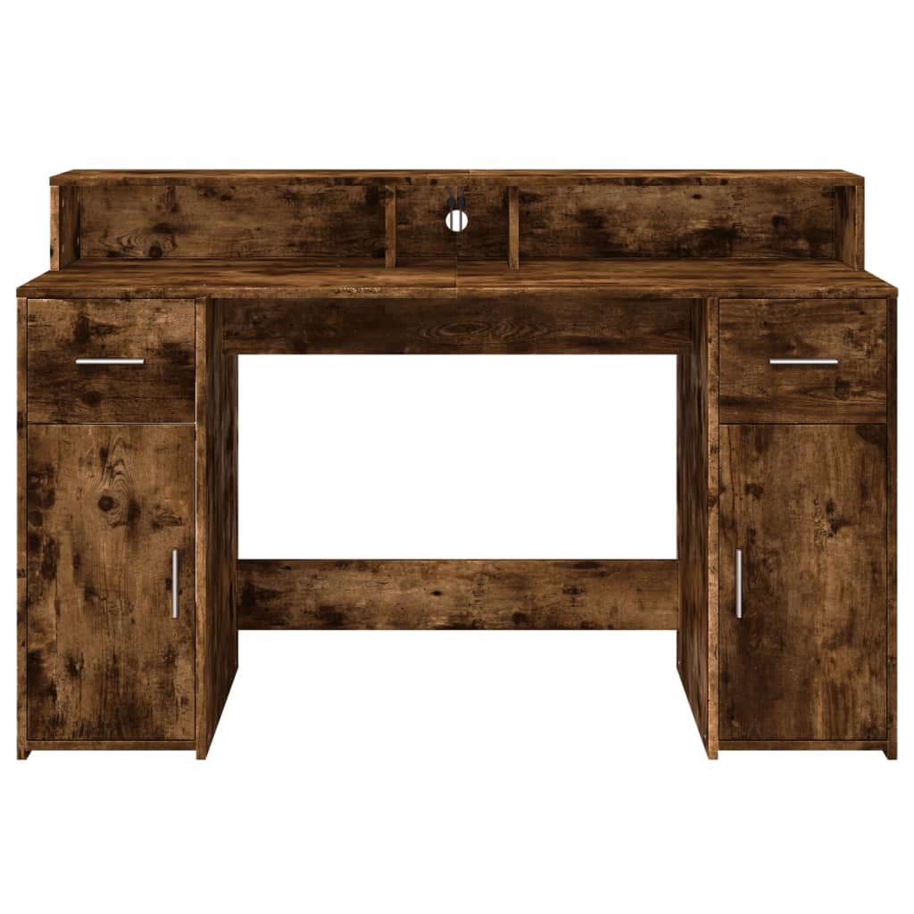 vidaXL Desk with LED Lights Smoked Oak 140x55x91 cm Engineered Wood