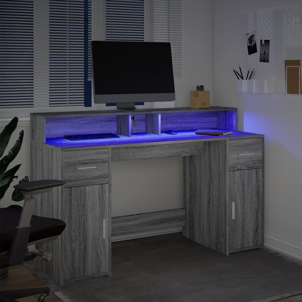 vidaXL Desk with LED Lights Grey Sonoma 140x55x91 cm Engineered Wood