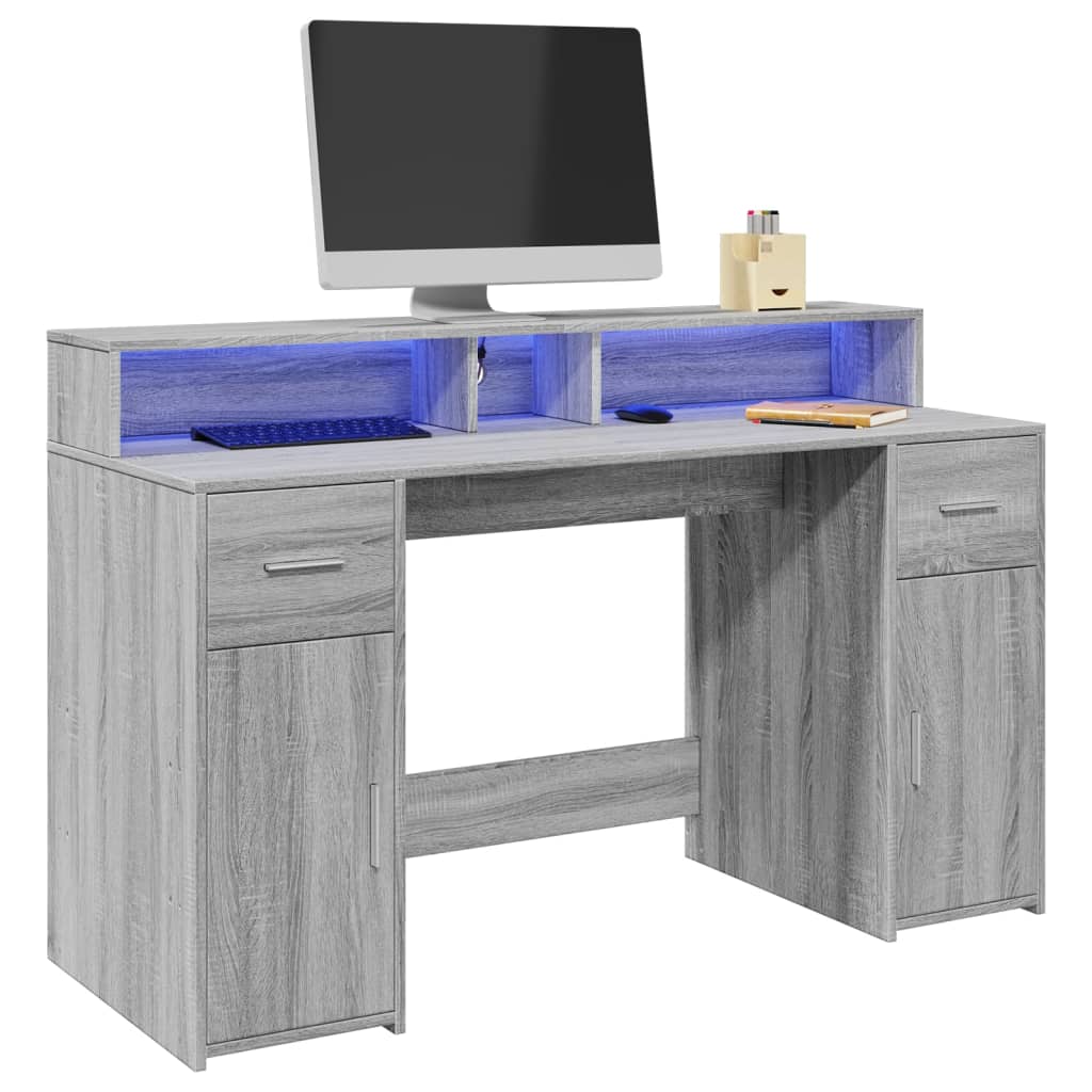vidaXL Desk with LED Lights Grey Sonoma 140x55x91 cm Engineered Wood