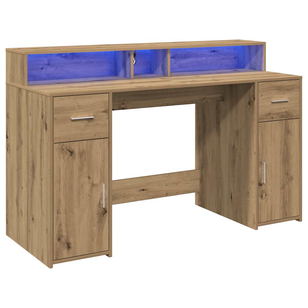 vidaXL Desk with LED Lights Artisian Oak 140x55x91 cm Engineered Wood