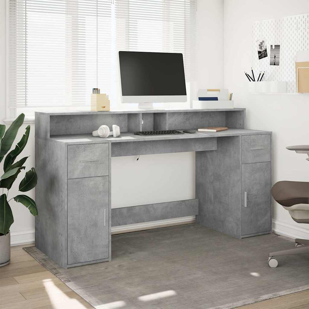 vidaXL Desk with LED Lights Concrete Grey 160x55x91 cm Engineered Wood