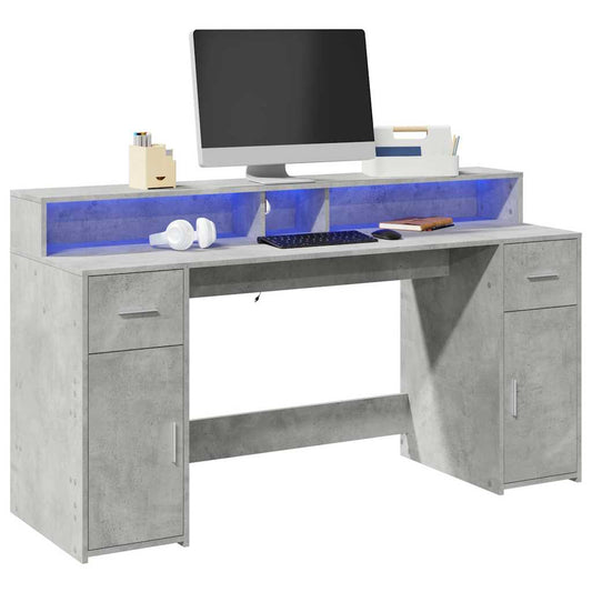 vidaXL Desk with LED Lights Concrete Grey 160x55x91 cm Engineered Wood
