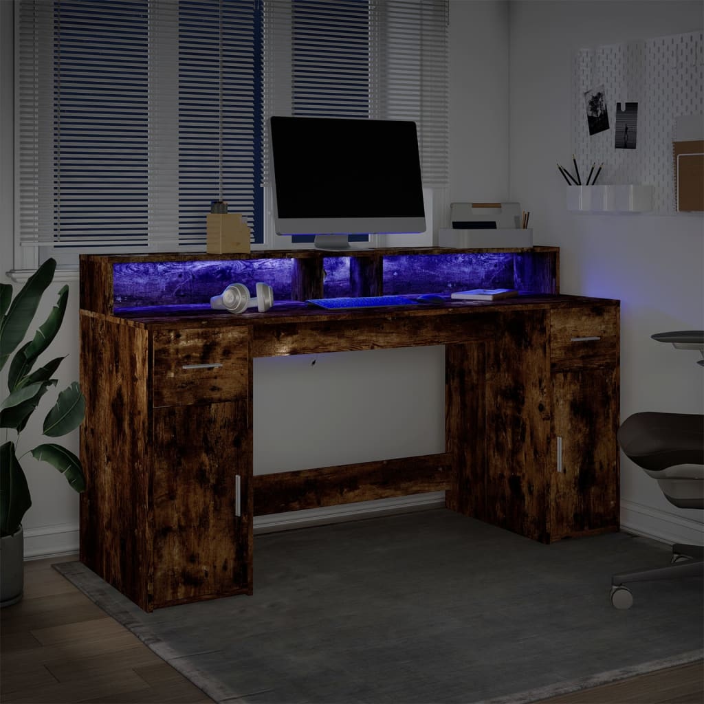 vidaXL Desk with LED Lights Smoked Oak 160x55x91 cm Engineered Wood