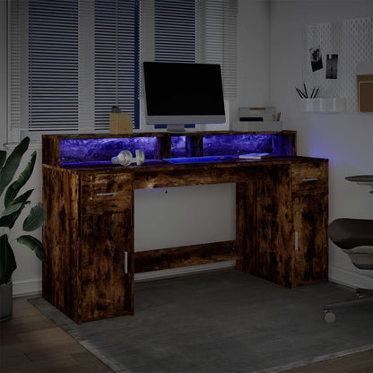 vidaXL Desk with LED Lights Smoked Oak 160x55x91 cm Engineered Wood