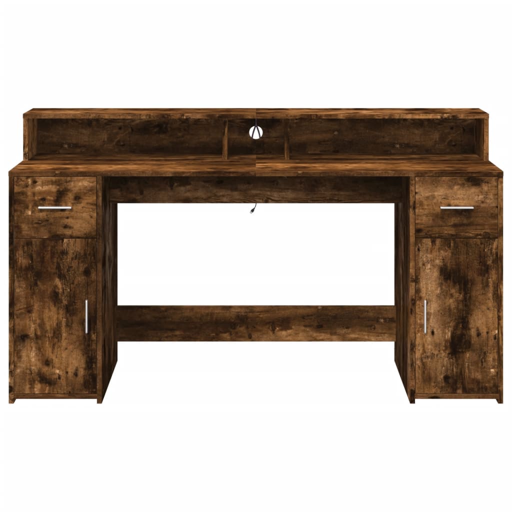 vidaXL Desk with LED Lights Smoked Oak 160x55x91 cm Engineered Wood