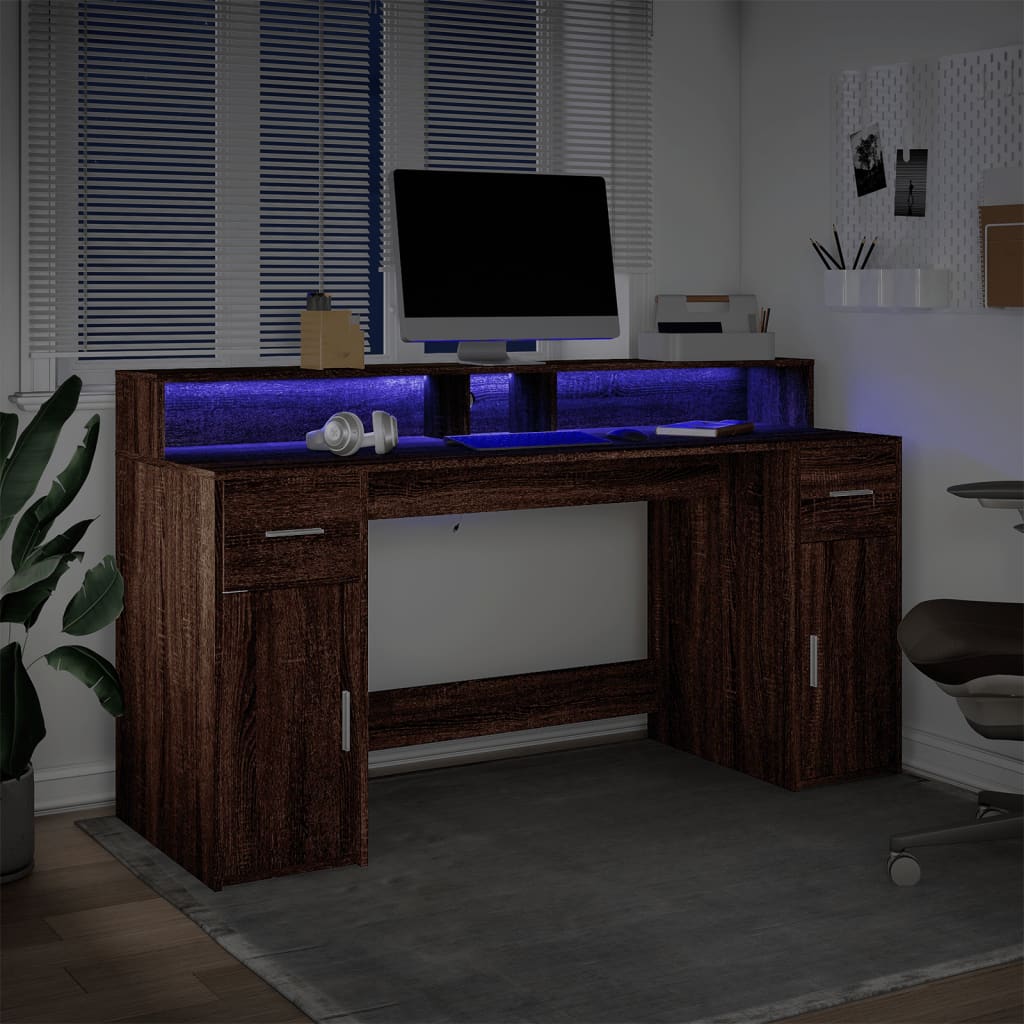 vidaXL Desk with LED Lights Brown Oak 160x55x91 cm Engineered Wood
