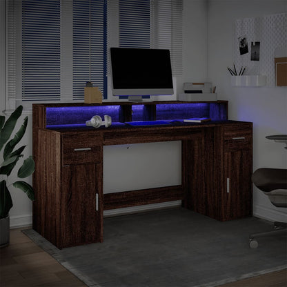 vidaXL Desk with LED Lights Brown Oak 160x55x91 cm Engineered Wood