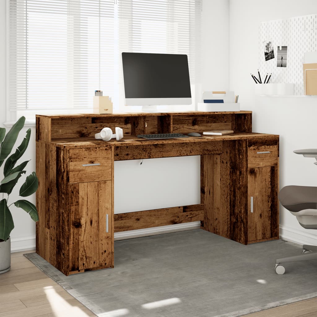 vidaXL Desk with LED Lights Old Wood 160x55x91 cm Engineered Wood