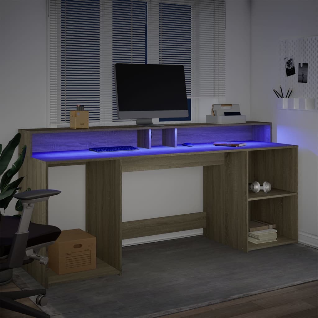 vidaXL Desk with LED Lights Sonoma Oak 200x55x91 cm Engineered Wood