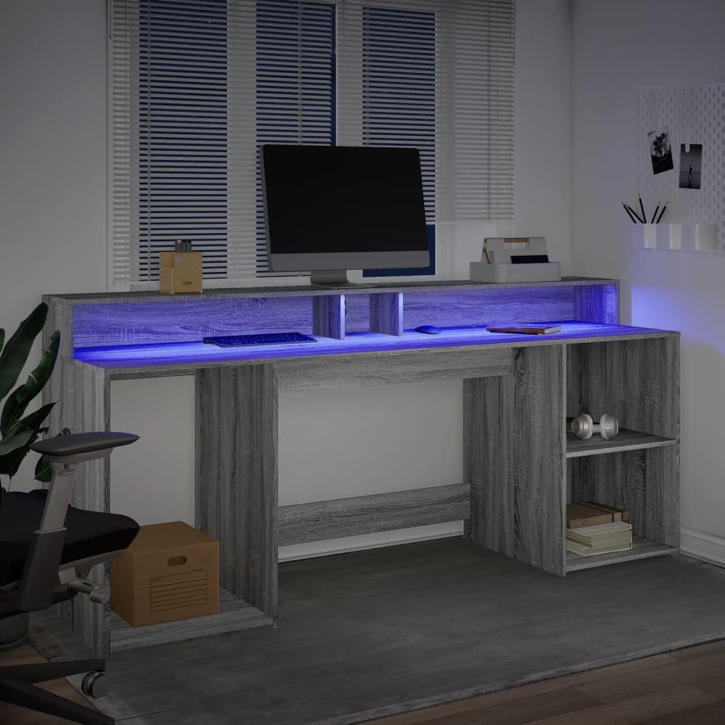 vidaXL Desk with LED Lights Grey Sonoma 200x55x91 cm Engineered Wood