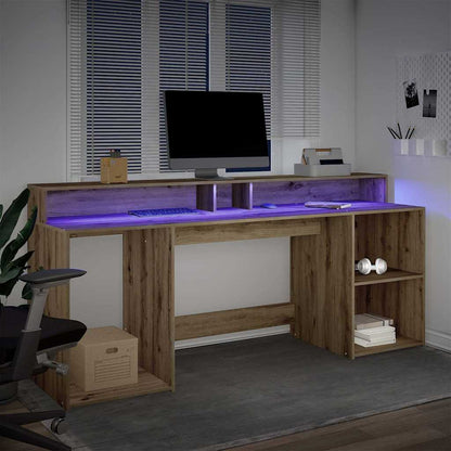 vidaXL Desk with LED Lights Artisian Oak 200x55x91 cm Engineered Wood