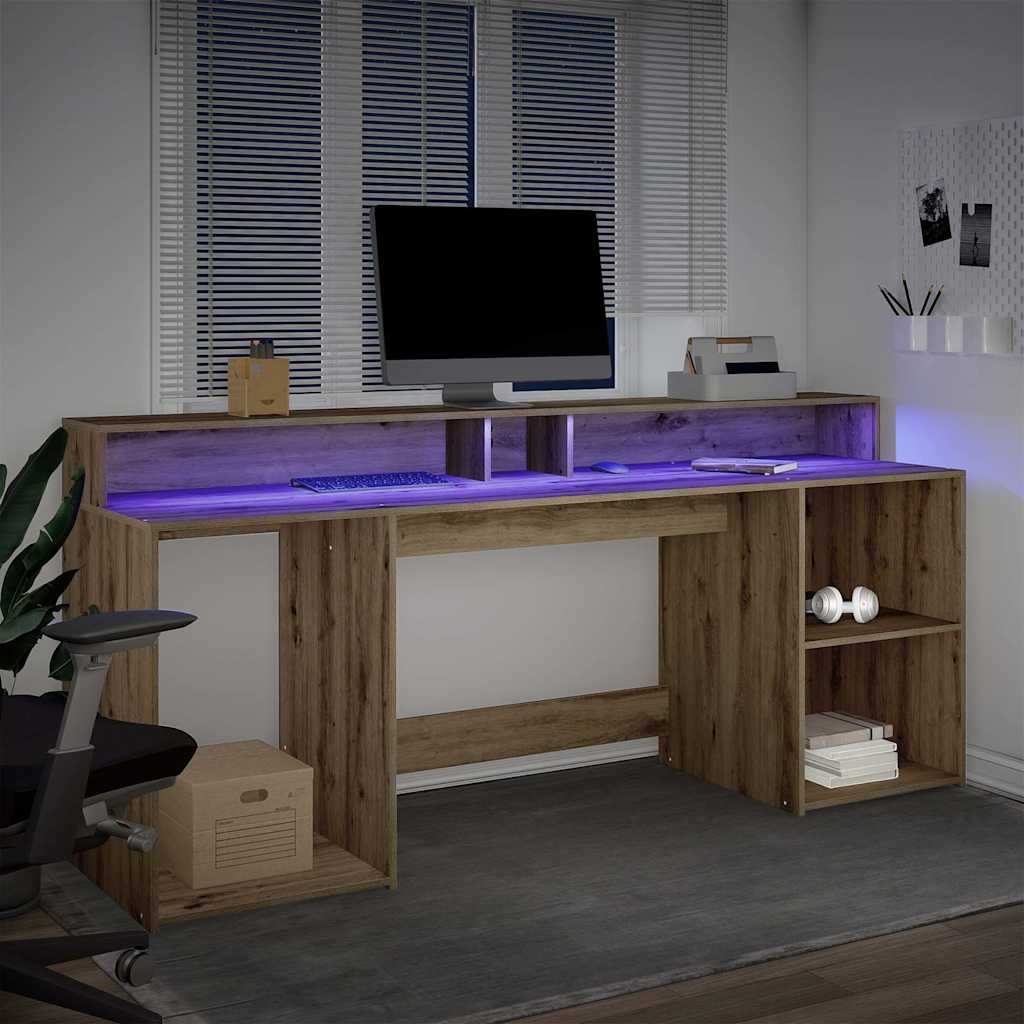 vidaXL Desk with LED Lights Artisian Oak 200x55x91 cm Engineered Wood