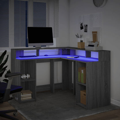 vidaXL Desk with LED Lights Grey Sonoma 130x130x91 cm Engineered Wood