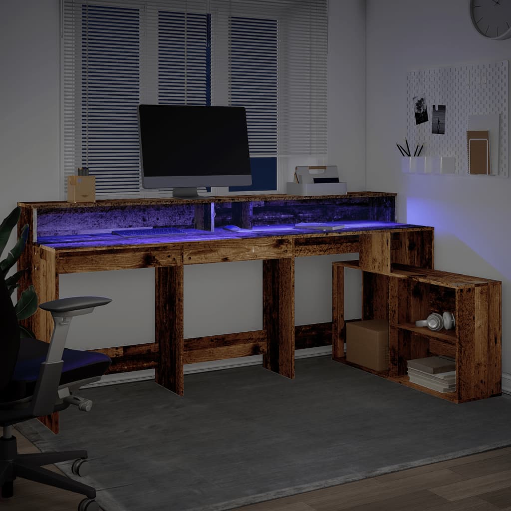 vidaXL Desk with LED Lights Old Wood 200x104x91 cm Engineered Wood
