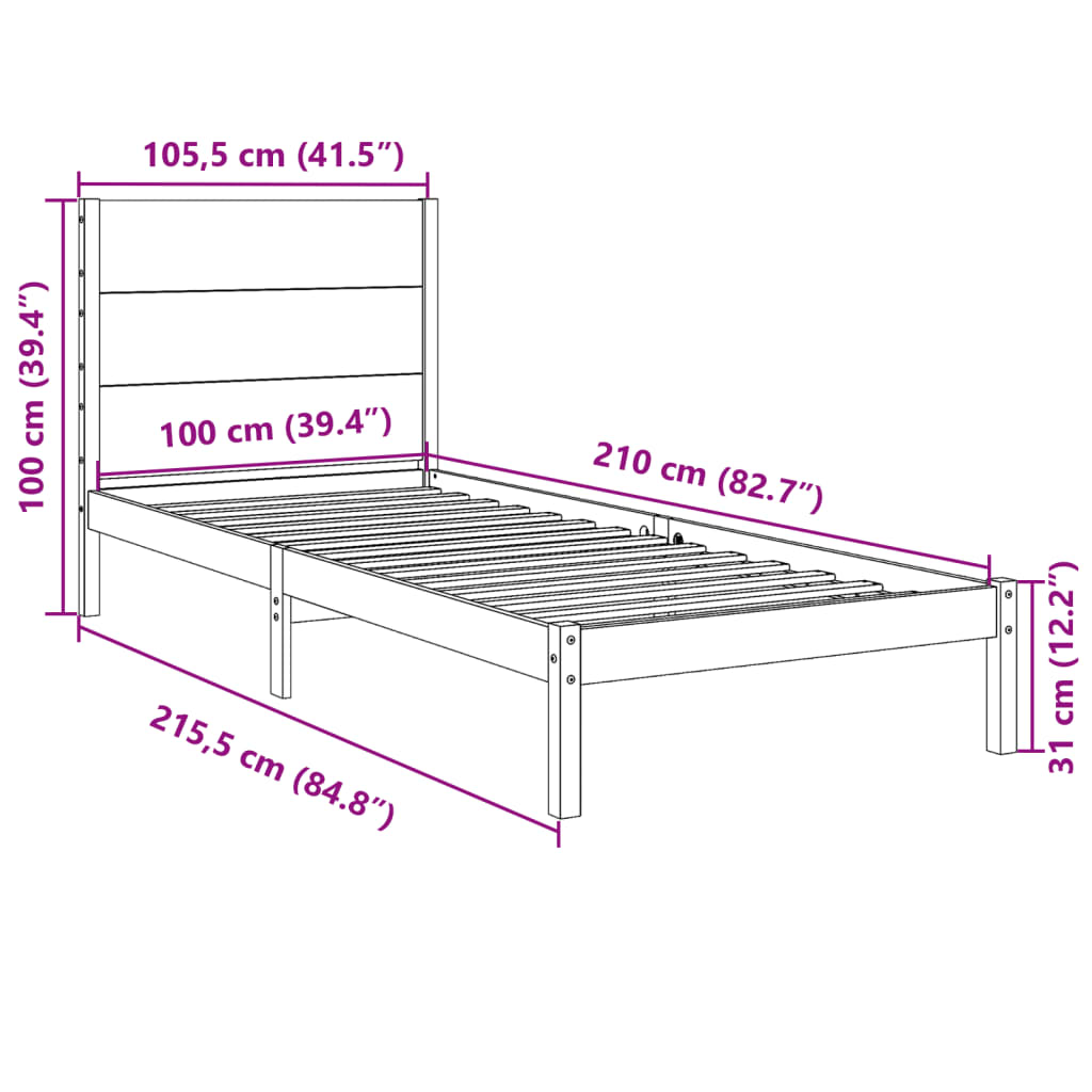 vidaXL Extra Long Bed Frame without Mattress 100x210 cm Solid Wood