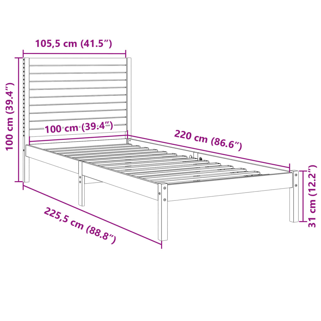 vidaXL Extra Long Bed Frame without Mattress 100x220 cm Solid Wood