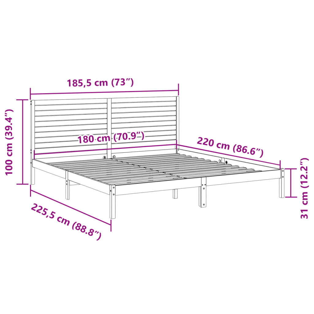 vidaXL Extra Long Bed Frame without Mattress White 180x220 cm Solid Wood