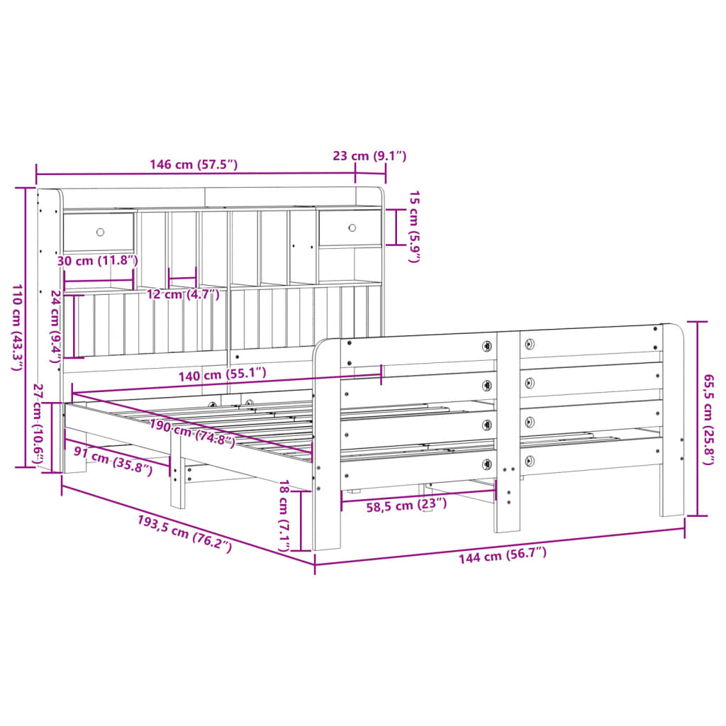vidaXL Bookcase Bed without Mattress White 140x190 cm Solid Wood Pine
