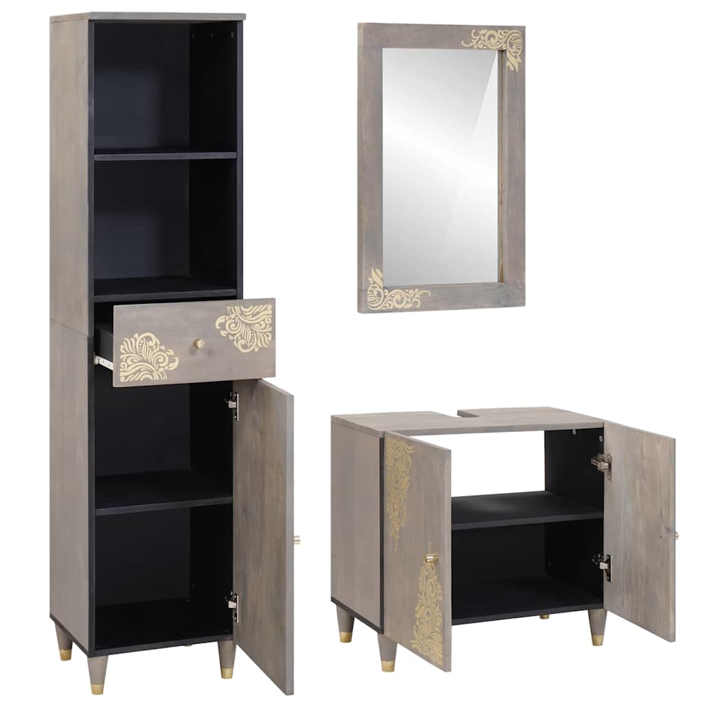 vidaXL Bathroom Cabinet Set with Drawer 3 pcs Grey Solid Mango Wood