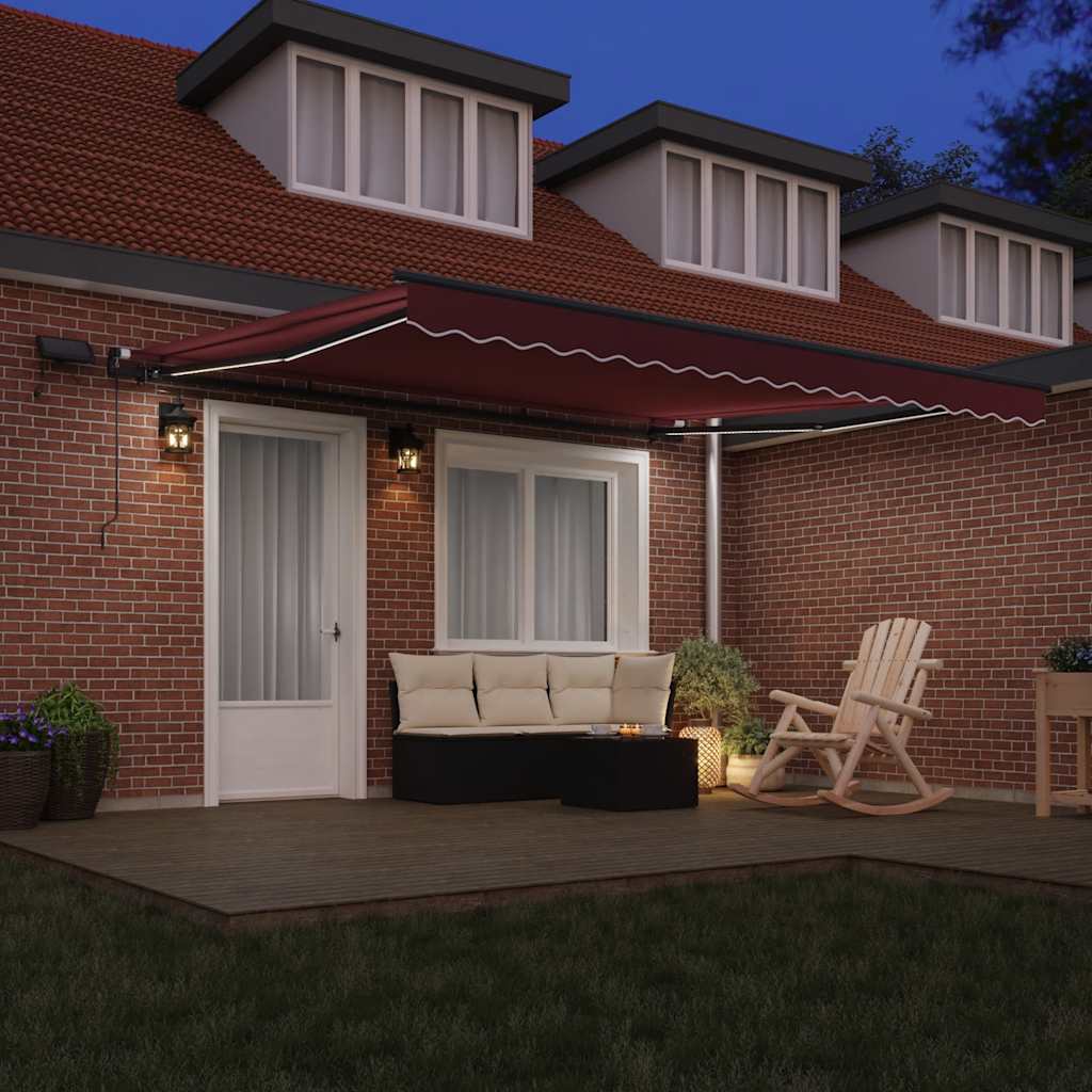 vidaXL Manual Retractable Awning with LEDs Burgundy 400x300 cm