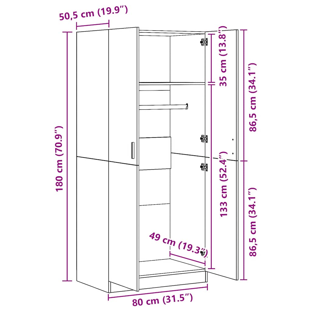 vidaXL Wardrobe Artisan Oak 80x52x180 cm Engineered Wood