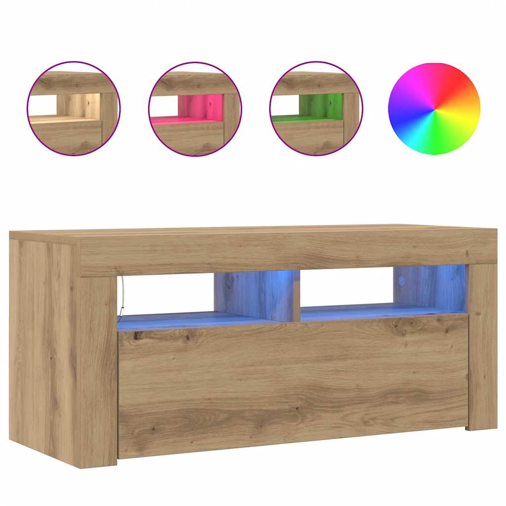 vidaXL TV Cabinet with LED Lights Artisan Oak 90x35x40 cm Engineered Wood