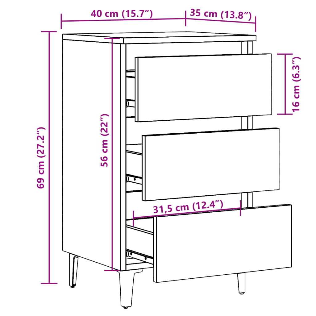 vidaXL Bed Cabinet with Metal Legs Old Wood 40x35x69 cm