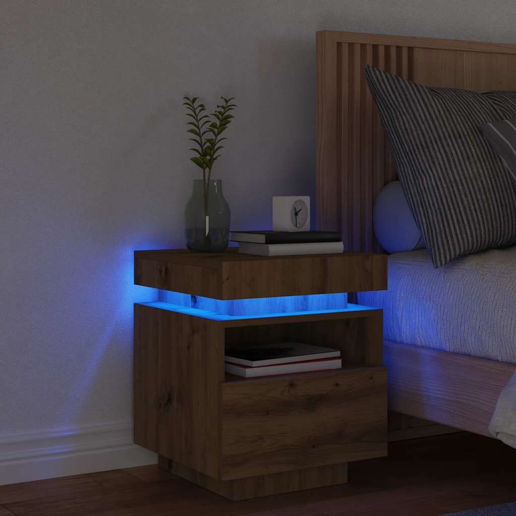 vidaXL Bedside Cabinet with LED Lights Artisan Oak 40x39x48,5 cm