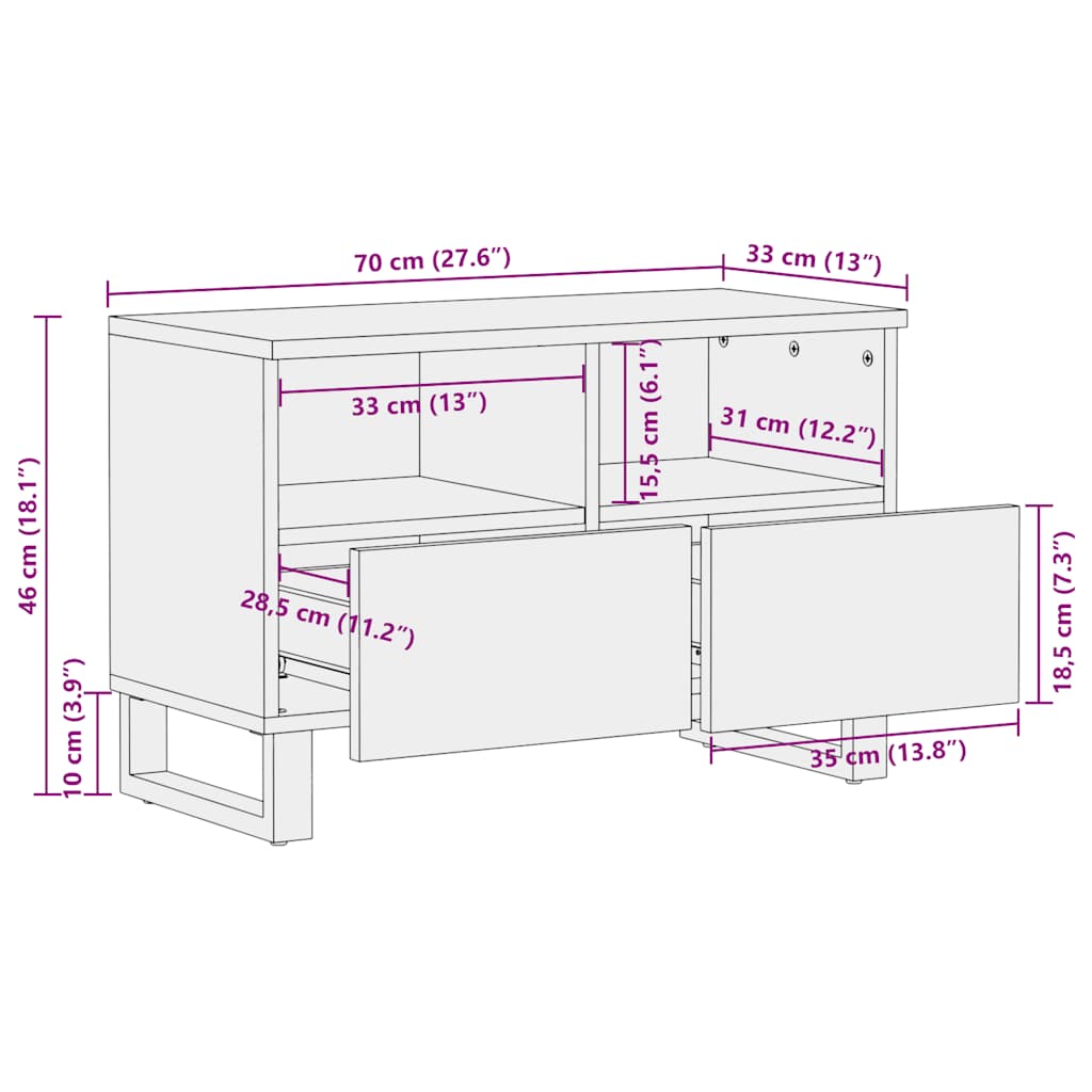 vidaXL TV Cabinet Black 70x33x46 cm Solid Wood Mango