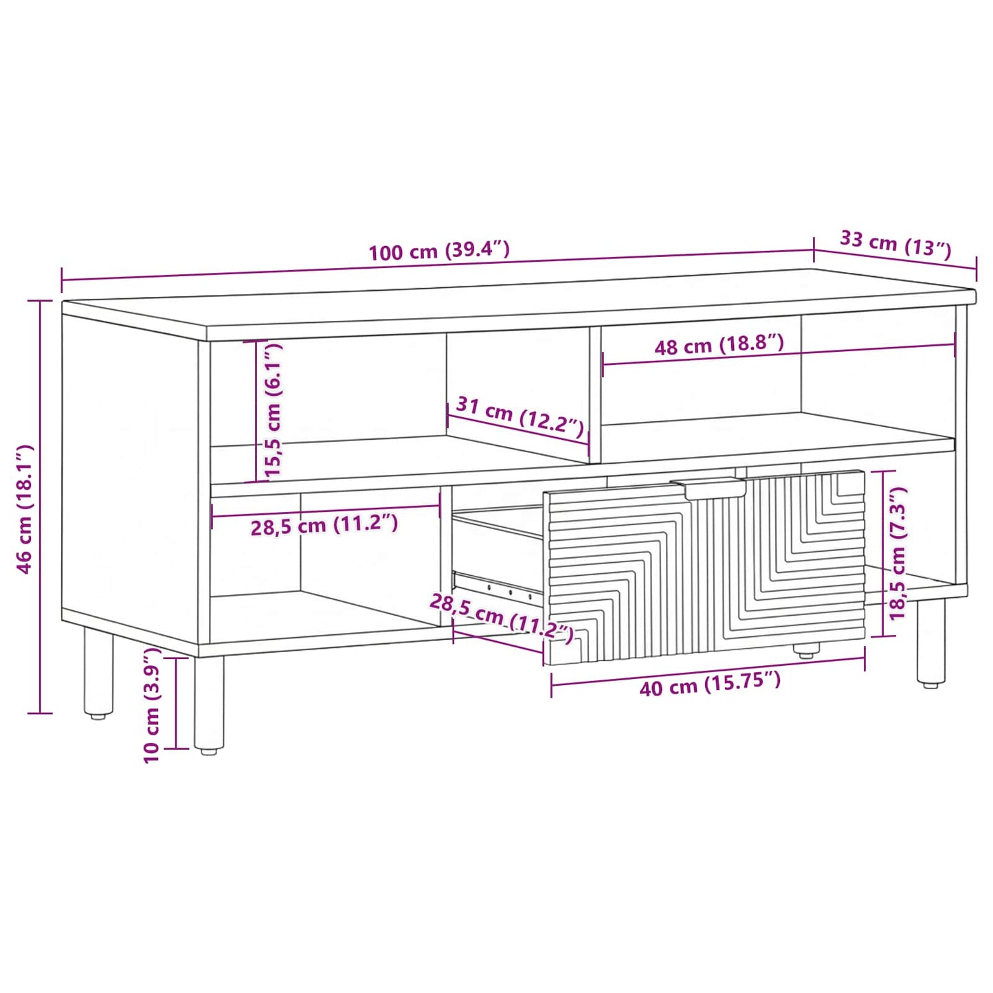 vidaXL TV Cabinet with Drawer Brown 100 x 33 x 46 cm Solid Mango Wood
