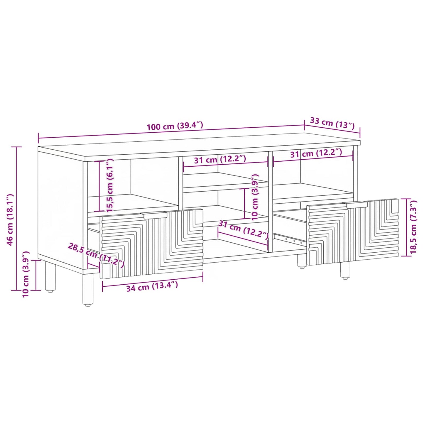 vidaXL TV Cabinet with Drawer Brown 100 x 33 x 46 cm Solid Mango Wood