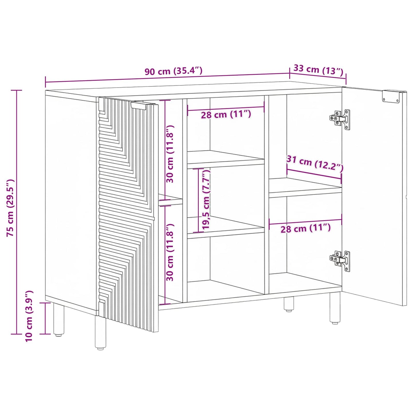 vidaXL Sideboard with Shelf Brown 90 x 33 x 75 cm Solid Mango Wood
